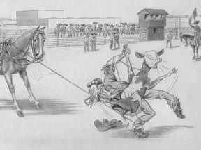 Stewart Cameron's calf roping cartoon from the 1949 Stampede.