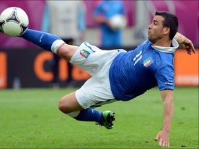 Italian forward Antonio Di Natale kicks the ball during the Euro 2012 championships football match Spain vs Italy on June 10, 2012 at the Gdansk Arena.   AFP PHOTO / CHRISTOF STACHECHRISTOF STACHE/AFP/GettyImages