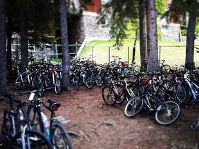 The crowded bike lockup for workers at the Fairmont Banff Springs.