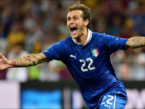 Italian midfielder Alessandro Diamanti celebrates after scoring during the penalty shoot out of the Euro 2012 football championships quarter-final match England vs Italy on June 24, 2012 at the Olympic Stadium in Kiev. Italy won 4 to 2.    GIUSEPPE CACACE/AFP/GettyImages