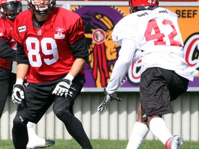 Stamps receiver Chris Bauman, left, is hoping to nail down a job when the Stamps host the Eskimos tomorrow night at McMahon Stadium.