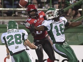 Riders defensive back Eddie Russ (16) intercepts a fourth-quarter pass intended for Stamps receiver Landan Talley during Calgary's pre-season win on Friday. Photo, Liam Richards, The Canadian Press