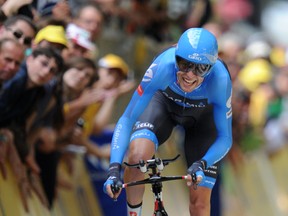 Canada's Ryder Hesjedal competes in the 6,4 km individual time-trial and prologue of the 2012 Tour de France cycling race running around Liege on June 30, 2012. The 99th Tour de France. PASCAL PAVANI/AFP/GettyImages.