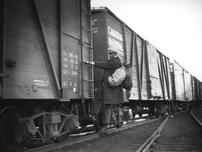 Transient riding the rails in the 1930s.  Photo Courtesy Glenbow Archives, #NC-612955B