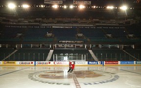 Although the NHL players were locked out, Matthew Lombardi of the Calgary Flames took to the ice (alone) at the Saddledome in 2004 for rehabilitation training.