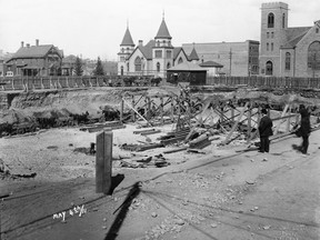 May 4, 1911 - Excavation for Hudson's Bay Company store on the corner of 7th Avenue and 1st Street S.W. Photo: Courtesy, Glenbow Archives -- NA-370706