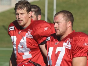 Chad Kackert, right, observes practice during the 2010 season with another former Stampeder running back, Jesse Lumsden. Kackert will start at running back for the Toronto Argos on Saturday at McMahon Stadium.