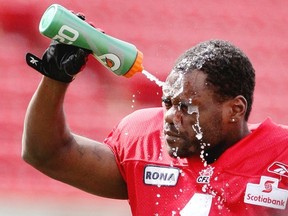 LaMarcus Coker cools down during a training-camp practice in June. Coker is expected to suit up on Friday against the Bombers.