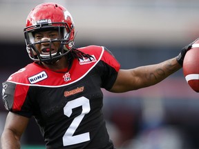 Calgary Stampeders' Larry Taylor, celebrates scoring the winning touchdown during second half CFL football action against the Edmonton Eskimos in Calgary on Monday, Sept. 3, 2012. The Calgary Stampeders beat the Edmonton Eskimos 31-30.THE CANADIAN PRESS/Jeff McIntosh