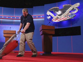 Worker prepares for tonight's Presidential Debate at the University of Denver.