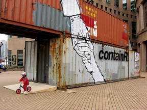 Decidedly Jazz Danceworks are performing their new work Boombox in shipping containers set up on the Riverwalk.