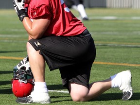 Former Henry Wise Wood Warrior Spencer Wilson could be making his first start at left tackle on Saturday night in Vancouver. Photo, Leah Hennel, Calgary Herald