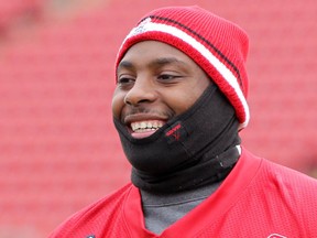 Nik Lewis is highly doubtful to suit up for the Stamps' regular season-ending road trip to Edmonton on Friday night. Photo, Leah Hennel, Calgary Herald