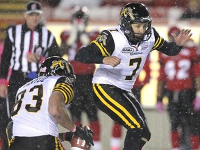Ticats holder Andy Fantuz mishandles the snap on what would have been a game-winning 30-yard field goal by Luca Congi on Saturday at McMahon Stadium. Photo, Ted Rhodes, Calgary Herald