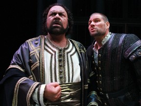 John Mac Master as Otello, left, and Gregory Dahl as Iago rehearse a scene in Calgary Opera's production of Otello at the Jubilee Auditorium. Photo by Gavin Young, Calgary Herald.