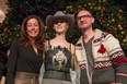 Gisele Danis of Tourism Calgary and designer Paul Hardy pose with a model wearing Hardy's tweet dress, which was revealed at The Core's 'Twas the Night event. Photos: Neil Zeller, Tourism Calgary.