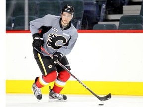 Sven Baertschi looks for a pass as the Calgary Flames took to the ice for training camp at the Saddledome on on Sunday, Jan. 13, 2013.