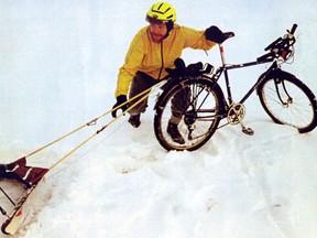 Colynn Kerr with the plow he built to clear the Calgary pathways back in 1992. Calgary Herald Archives.