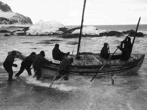 Launch of the James Caird from the shore of Elephant Island on April 24th, 1916. Photo originally published in South, a book by Sir Ernest Shackleton.