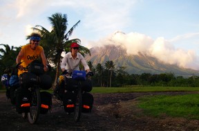 Janick Lemieux and Pierre Bouchard near the Mayon volcano, in the Philippines.