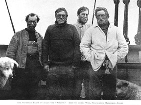 Four members of the British Antarctic Expedition (1907-1909), also known as the Nimrod Expedition, who came within 97.5 nautical miles of the South Pole (98° 23′ on January 9, 1909). (L-R) Frank Wild, Ernest Shackleton, Eric Marshall and Jameson Adams.