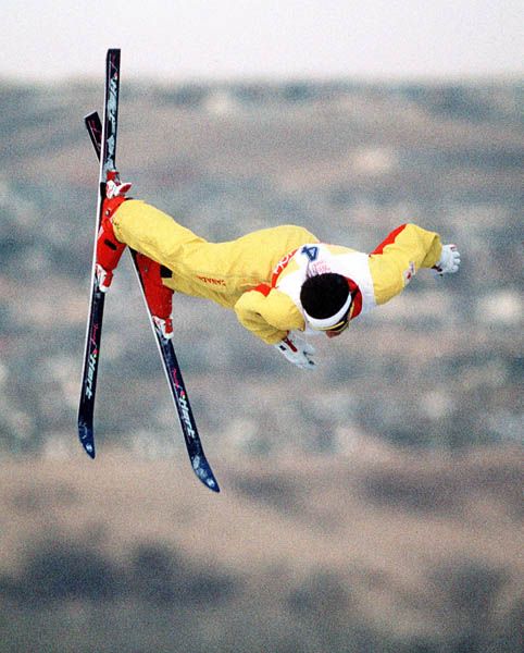 Canada’s Lloyd Langlois in freestyle skiing aerials, a demonstration sport at the 1988 Calgary Olympics.
