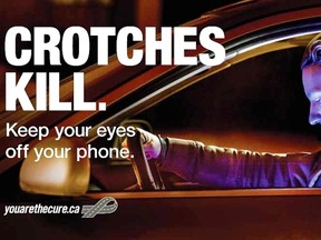 Alberta Transportation has launched a providewide campaign aimed at discouraging texting while driving, including one image of a young male driver staring down at his crotch.