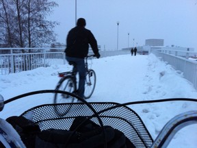Riding my hotel rental bike in Oulu, Finland.