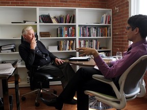 The Reform party founder and the talks-with-his-hands reporter in an interview at the Manning Centre. Photo: Colleen De Neve