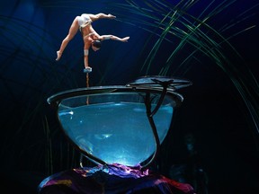 Miranda (Iuliia Mykhailova) plays in the water bowl in Cirque du Soleil's Amaluna.