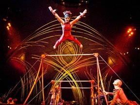 Summer Hubbard, centre, flies high as part of the Amazon act in Amaluna, a Cirque du Soleil show on now in Calgary.