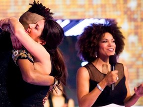 Jillian MacLaughlin gives Gary Levy a hug during the finale of Big Brother Canada. A miscast vote by another contestant gave MacLaughlin the grand prize instead of Levy.