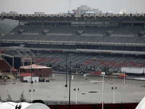 The infield at the Calgary Stampede Grandstand was more suited to synchronized swimmers than rodeo bull riders. Many businesses in downtown Calgary were out of commission during the great flood of June 2013, that displaced more than 100.000 Calgarians from their homes.