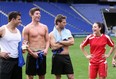Des plays the field with James, left, Kasey and Juan Pablo on this week's episode of The Bachelorette.