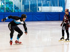 Jet gets ready to hit warp speed in the speed skating challenge during the second episode of The Amazing Race Canada.