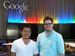 CEO, Stephen Guppy (right) at Google (Google employee on left) on a recent trip to San Francisco he won at the Suitcase Pitch contest at the AccelerateAB conference