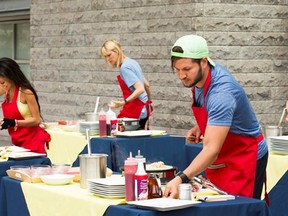Vanessa, Holly, Dave and Cory try their hands at creating crepes during a challenge in Quebec City on The Amazing Race Canada.