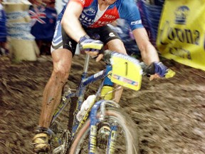 Cadel Evans on his way to winning a World Cup mountain bike race in Canmore way back in 1998.
