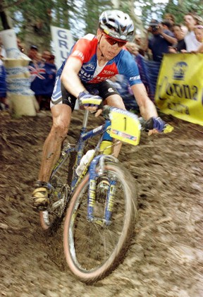 Cadel Evans on his way to winning a World Cup mountain bike race in Canmore way back in 1998.