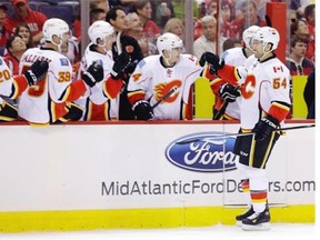 Calgary Flames winger David Jones celebrates his goal with teammates.
