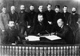 Calgary's first town council, 1884. Mayor George Murdoch is seated at left; Ald. Dale Hodges is standing, third from left