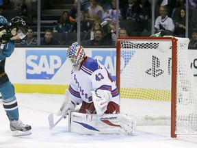 San Jose Sharks forward Tomas Hertl scores his fourth goal of the game against the New York Rangers.