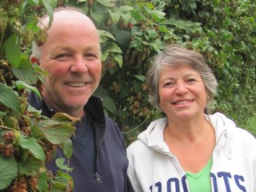 Alan and Brenda Bailey in the hop yard during a visit to Meander River Farm in September. The Baileys are building a nanobrewery on their farm in Ashdale, N.S., one of many new operations starting up in the province.
