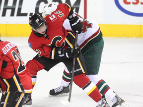 Calgary Flames centre Blair Jones battled for the puck against Minnesota Wild defenceman Justin Falk during first period NHL action at the Scotiabank Saddledome on February 11, 2013.