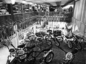 The inside of Abominable Total Sports in Calgary in 1976, when bike licensing was still in place.