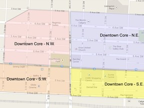 Calgary Parking Authority divides the downtown core into four quadrants, two of which will see a parking rate increase in January.