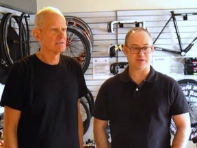 Specialized's Mike Sinyard with Cochrane bike-shop owner Dan Richter in a video posted to Cafe Roubaix's Facebook page.