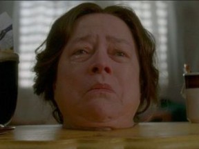 Madame LaLaurie (Kathy Bates), or, more precisely, the head of Madame LaLaurie, gets all choked up on American Horror Story.