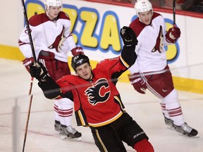 Calgary Flames Lance Bouma celebrates his goal on Phoenix Coyotes during their game at the Scotiabank Saddledome in Calgary on January 22, 2014.