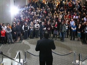 Mayor Naheed Nenshi addresses City Hall employees in 2010. He bemoaned the lack of diversity in the organization's top ranks in a speech on January 15, 2014. Gavin Young/Herald
